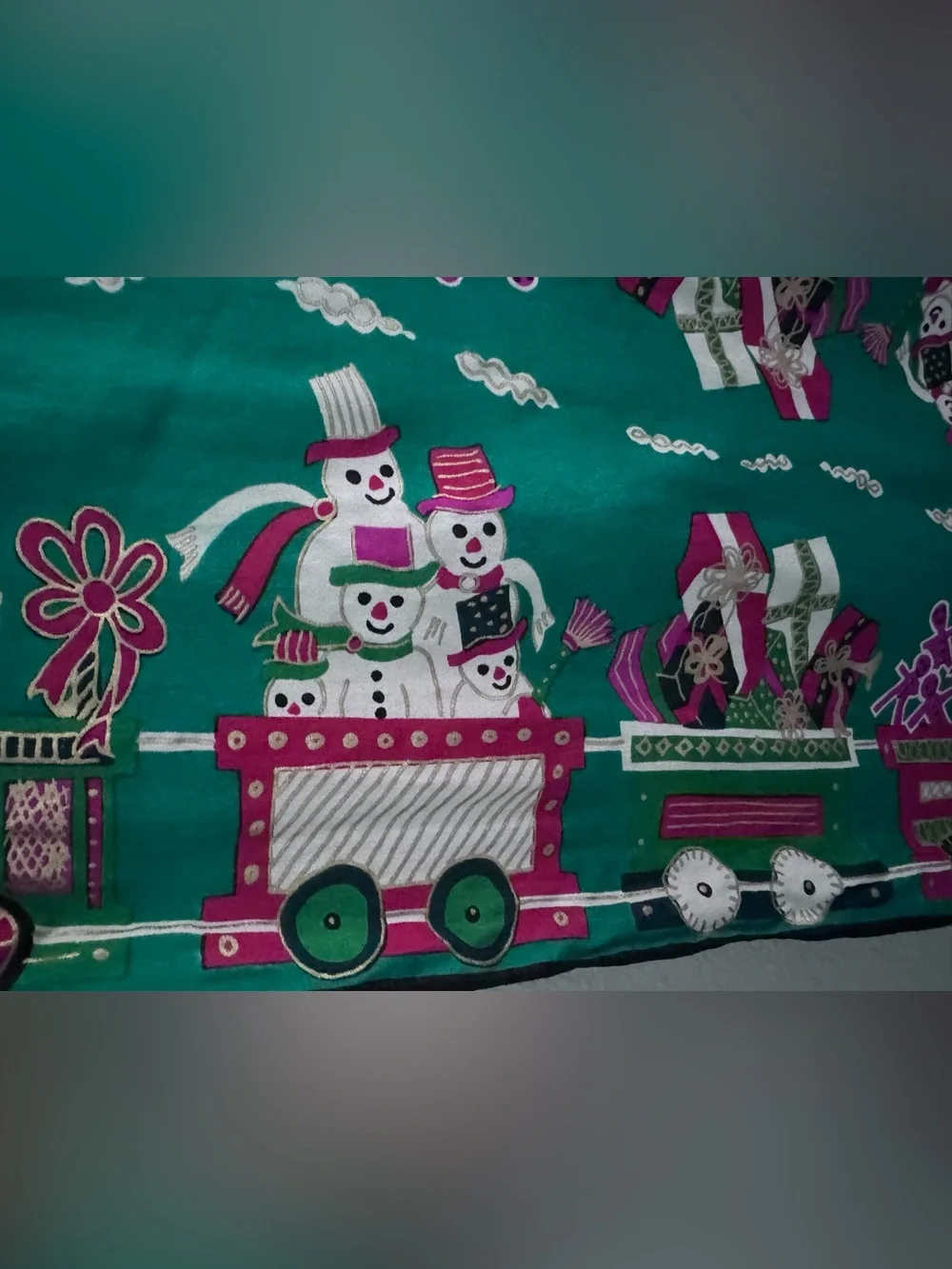 Vintage 1960s Vera Red and Green Holiday Train 100% Silk Scarf